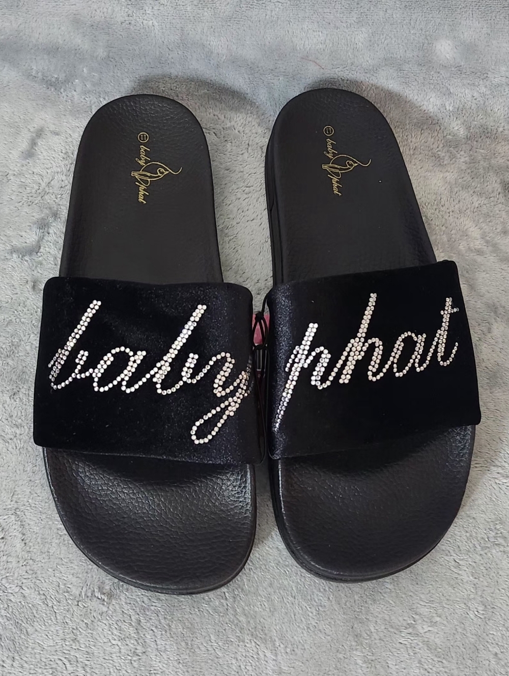 Baby Phat Black Velvet Slide Sandals with Crystal Script